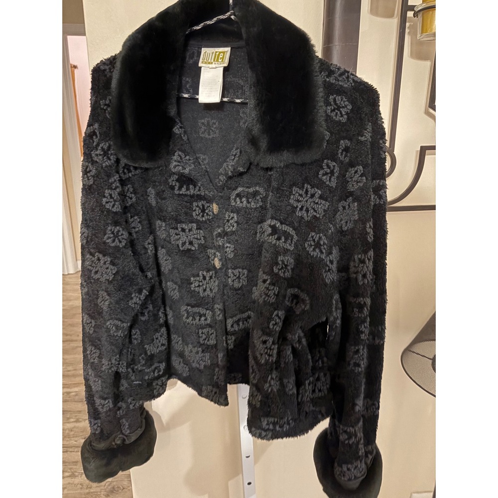 Duffel Outdoor Black Faux Fur Floral Bear Pattern Jacket Faux Fur Trim Large